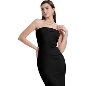 Womens Bodycon Maxi Tube Dress Black Small Strapless Side Slit Vacation Feminine